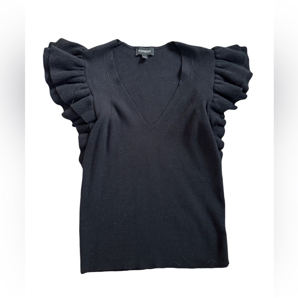Express Ribbed Ruffle V-Neck Short Sleeve Sweater - Size - XL